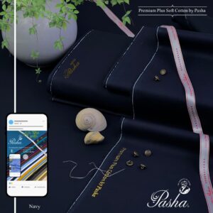 Navy blue soft cotton fabric from Pasha’s Premium Plus Men’s Collection, displayed with elegant detailing including brand embroidery, buttons, and ribbon packaging.