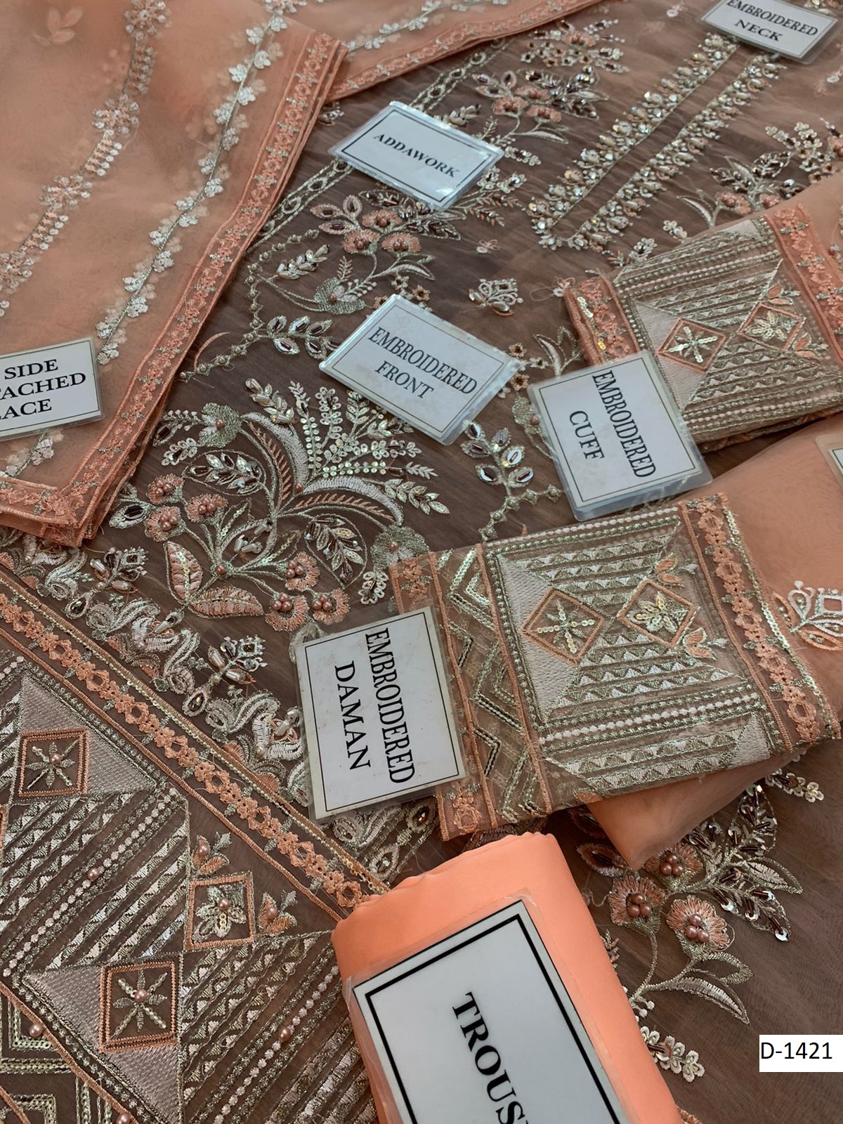 GULAAL D-1421 – Luxury Embroidered Organza Suit with Silk Trouser