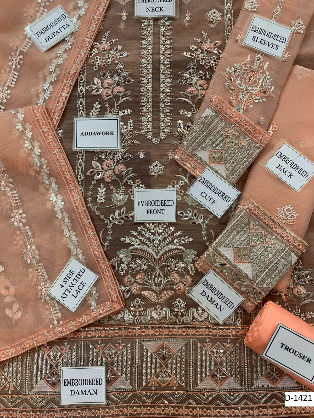 GULAAL D-1421 luxury embroidered organza unstitched suit with silk trouser and embellished dupatta